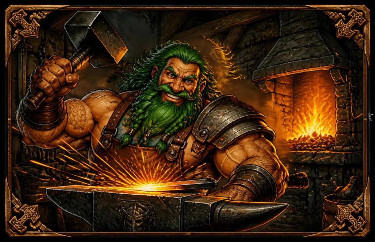 Blacksmith at the forge, hammer striking glowing iron — BerZerKer LIFE