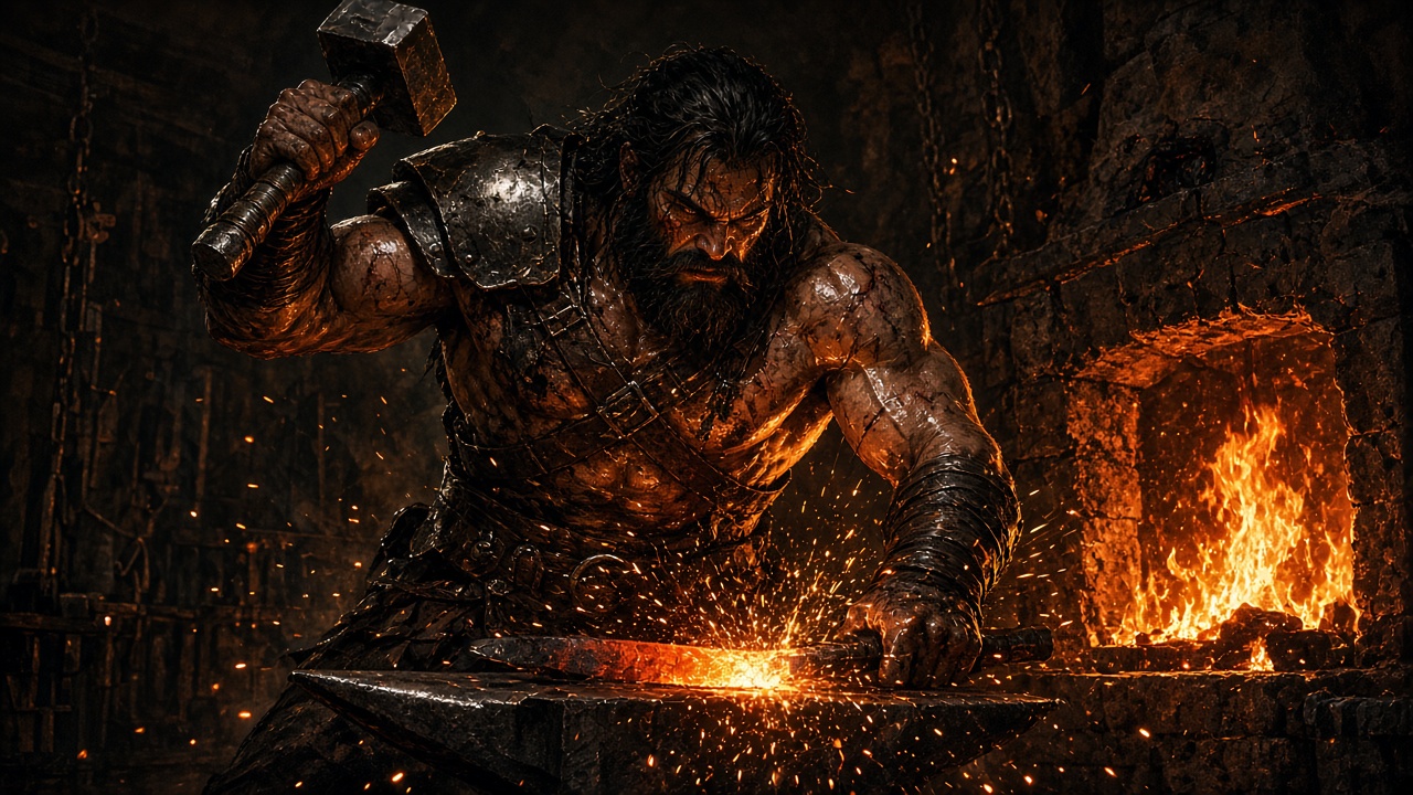 Berzerker at the forge, hammer and glowing embers — BERZERKER LIFE