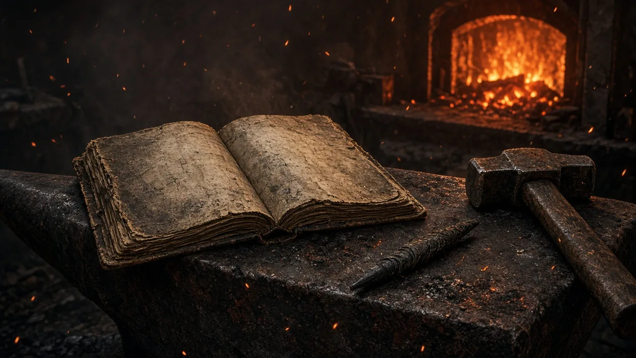 Worn journal open on an anvil by the forge